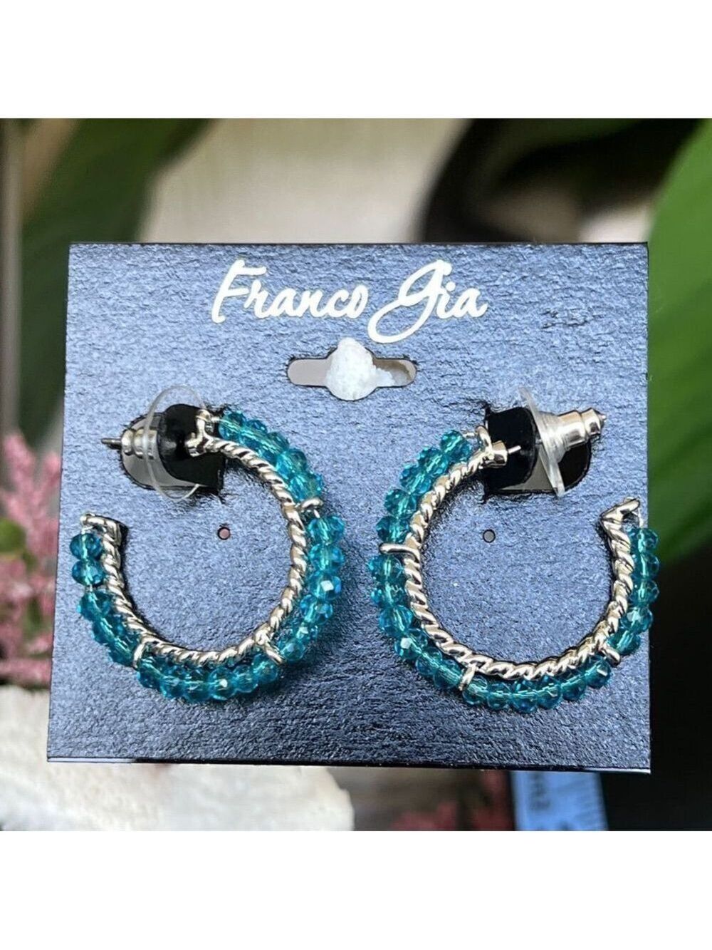Franco Gia  Earrings Silver Hoops Wrapped Blue Beading
